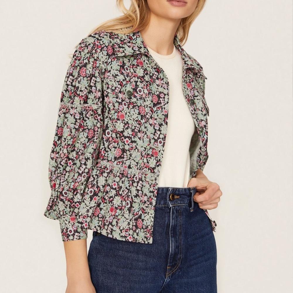 cinq a sept Floral Peplum Jacket in Black, Pink & Mint